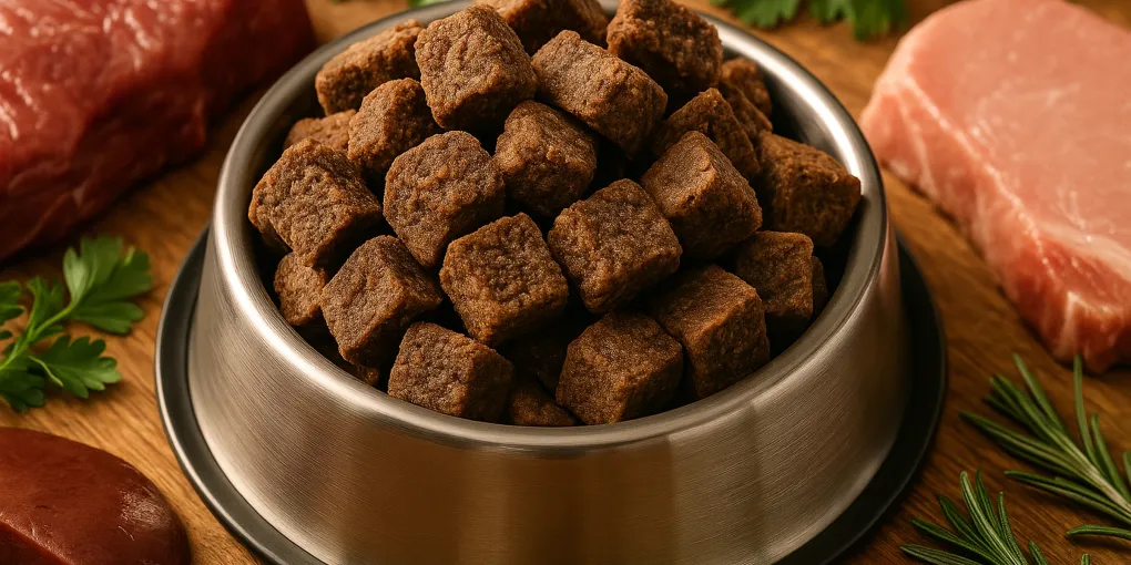 Chunks of air-dried raw dog food in natural brown tones on wood surface with fresh meat ingredients