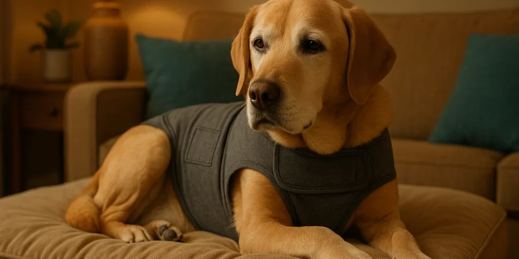 Anxiety wrap on a calm senior dog sitting on a couch