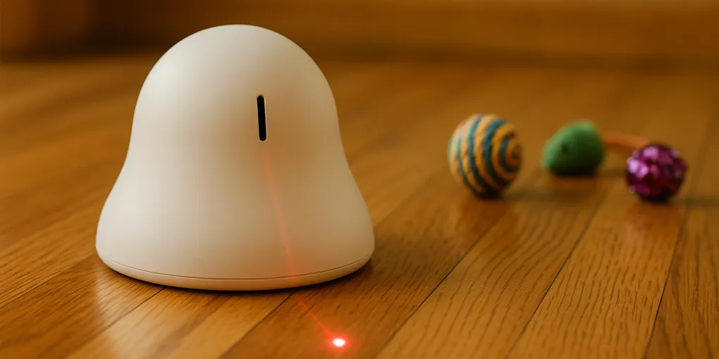 App-controlled cat laser toy projecting a red dot pattern on a wooden floor with a tabby cat crouching and ready to pounce