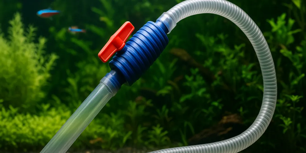 Aquarium water changer tube siphoning water from a planted freshwater tank into a bucket