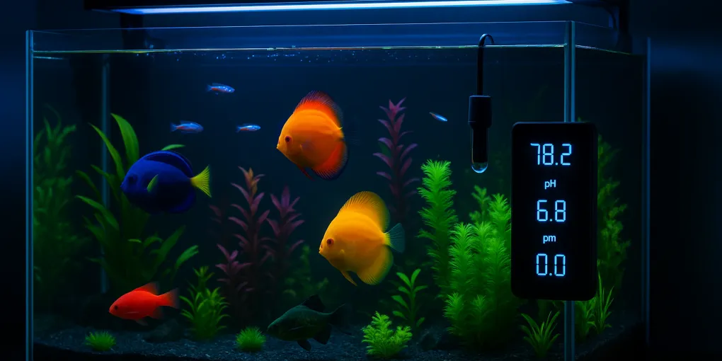 Aquarium smart monitor probe submerged in freshwater tank displaying pH and temperature readings on a connected smartphone app