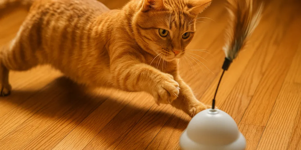 Tabby cat pawing at an electronic spinning feather automatic cat toy on a hardwood floor