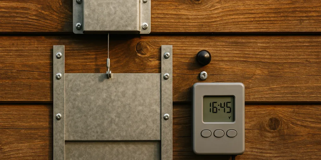 Automatic chicken coop door mounted on wooden coop with light sensor visible, chickens in foreground