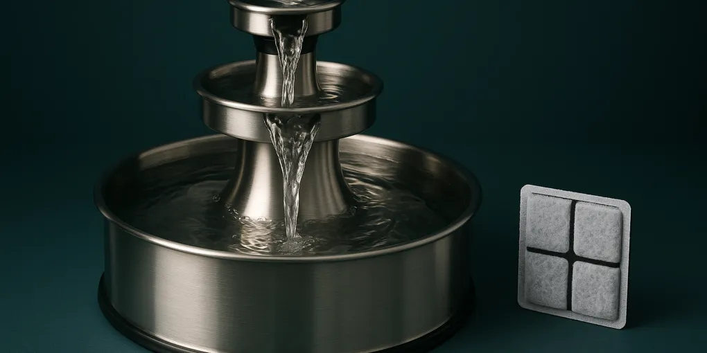 Dog drinking from an automatic pet water fountain with a flowing stream of filtered water