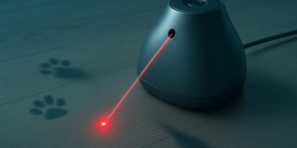 Automatic laser cat toy projecting a red dot on the floor while a cat pounces