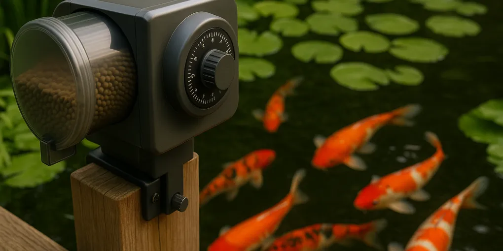 Automatic pond feeder mounted on wooden dock above backyard koi pond with orange koi visible in water below