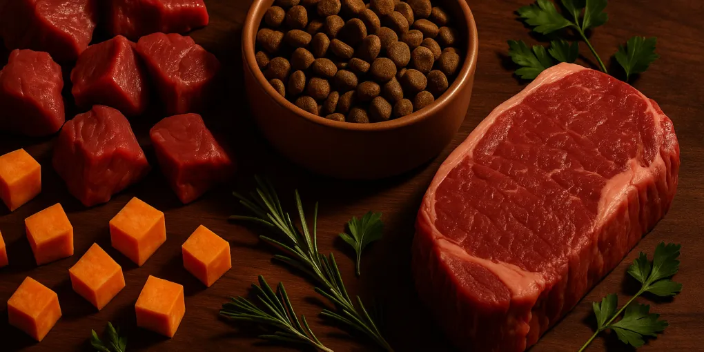 Premium beef-based dry dog food with raw beef and sweet potato on a dark wooden surface with natural lighting
