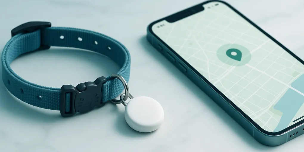 Apple AirTag attached to a dog collar next to a smartphone showing Find My map
