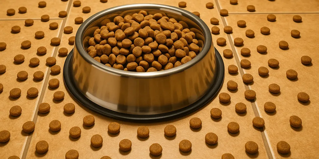 Dog food kibble in stainless steel bowl on kitchen floor with cost-conscious budget framing