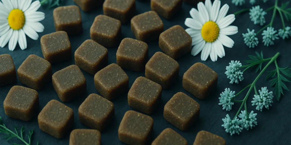 Calming supplement chews for cats arranged on a wooden surface with herbs and a cat nearby