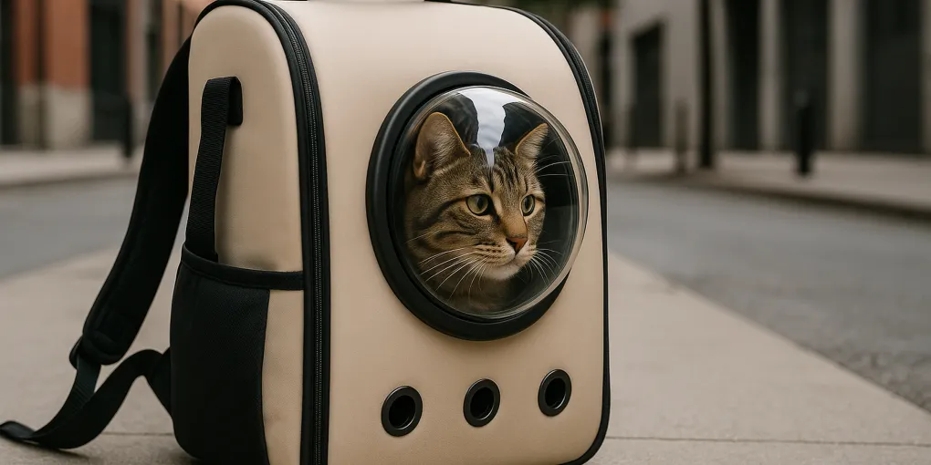 Person wearing a cat backpack carrier with a cat visible through the mesh window on a city street