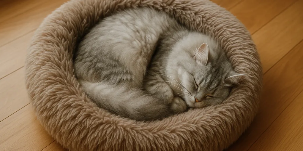Fluffy gray cat curled up sleeping in a round bolster cat bed on a wooden floor