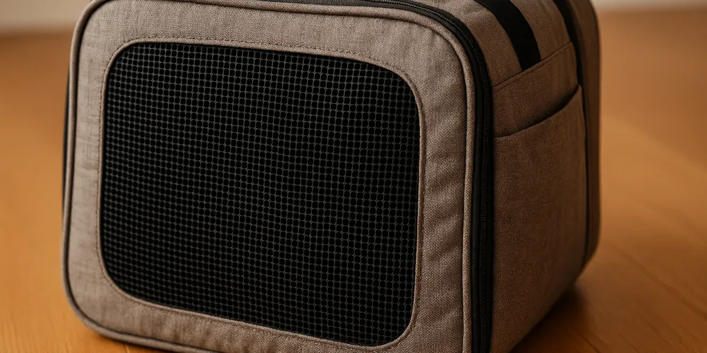 Soft-sided cat carrier with mesh ventilation panels on a clean hardwood floor