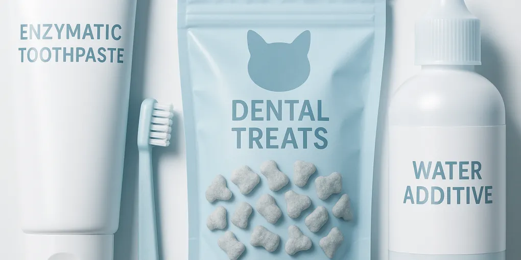 Cat dental care products including toothbrush and enzymatic toothpaste on a clean white surface