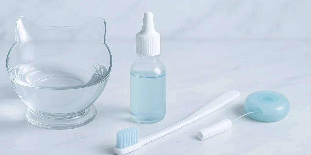 Cat water bowl with dental water additive being added from a bottle