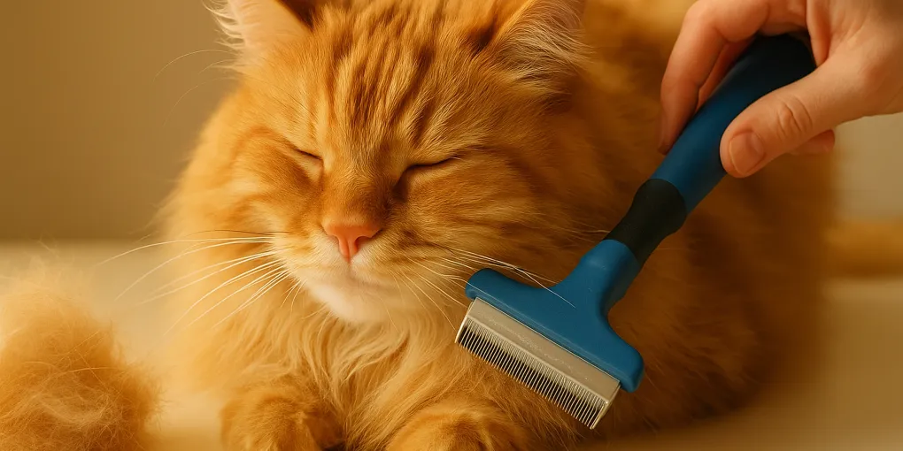 Person using a deshedding comb on a relaxed orange long-haired cat