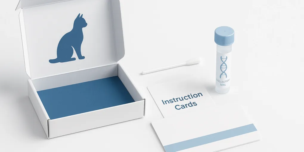 A tabby cat with a DNA helix graphic overlay and a cheek swab collection kit beside it on a white surface