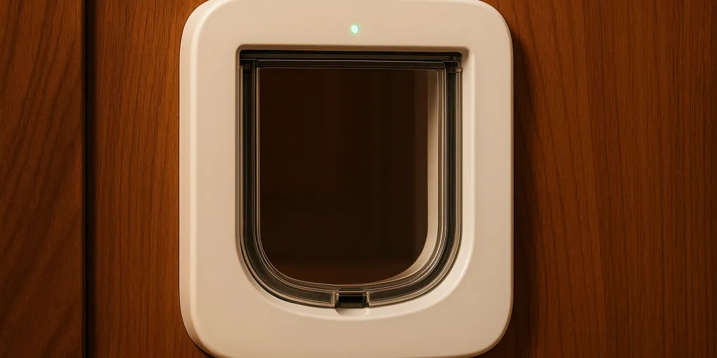 Microchip cat door installed in a wooden door panel with a cat passing through