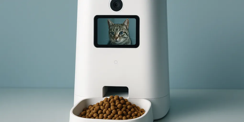 Cat feeder with built-in camera showing HD view of cat eating from dispenser bowl