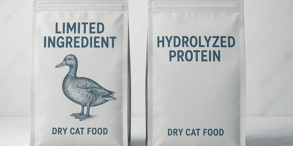Cat food bag with limited ingredients beside a cat with healthy shiny coat
