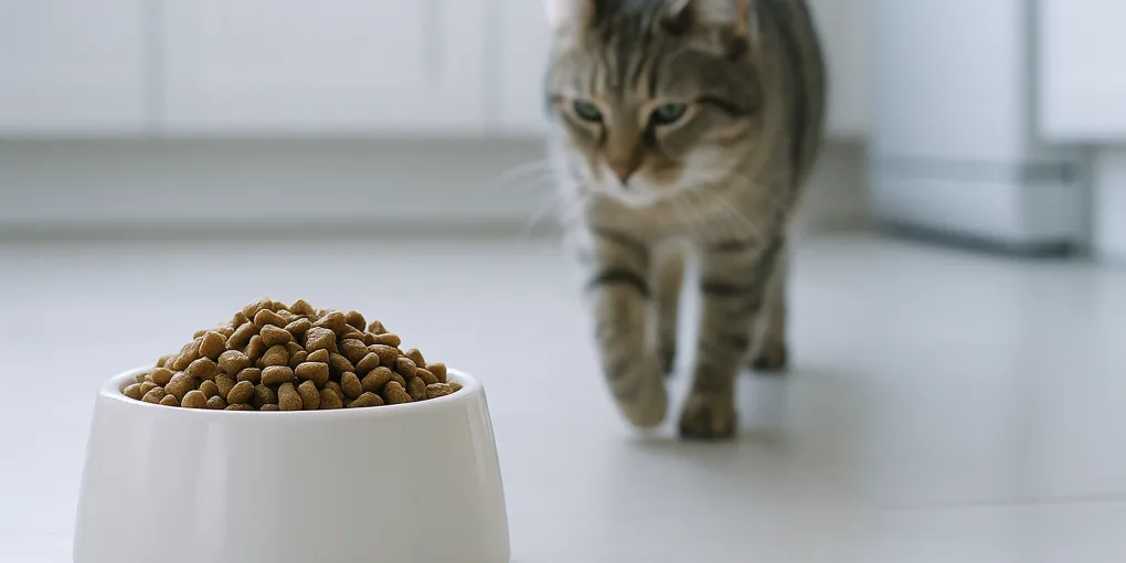 Cat eating from a white bowl on a kitchen floor