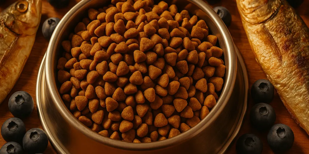 Premium dry cat food in a bowl surrounded by senior cat food packaging on a clean surface