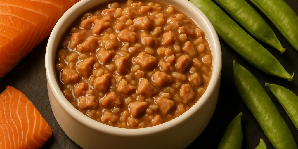 Premium cat food kibble in a white ceramic bowl on a clean kitchen surface