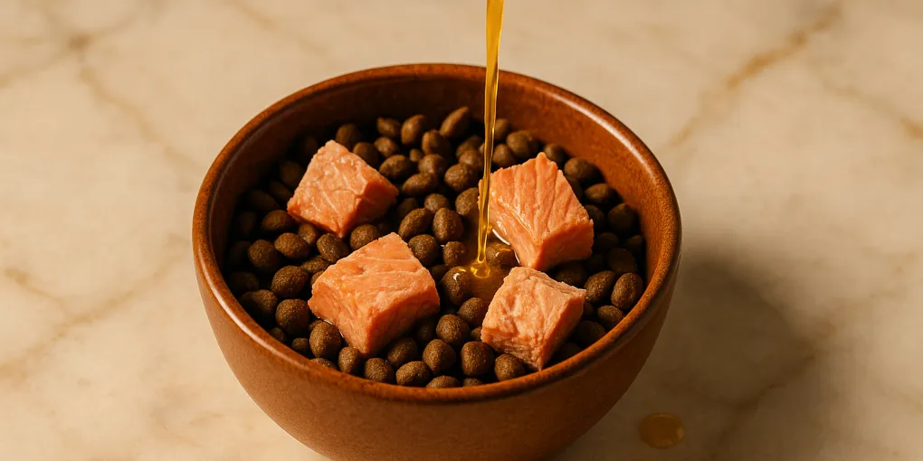 Cat food topper being sprinkled over a bowl of cat kibble