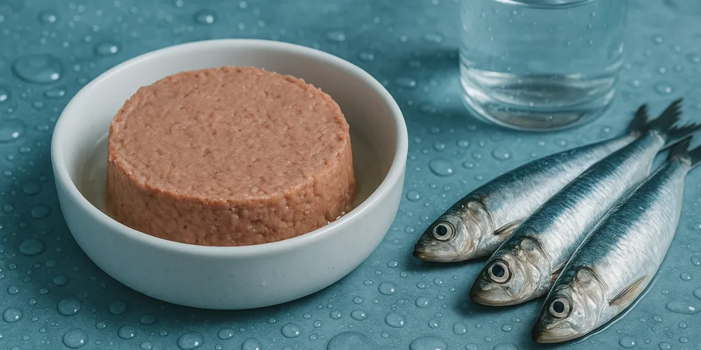 Wet cat food in a white ceramic bowl next to a glass of water on a clean kitchen counter