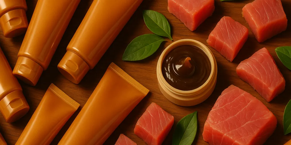 Cat hairball remedy gel tube and treats on a clean white surface