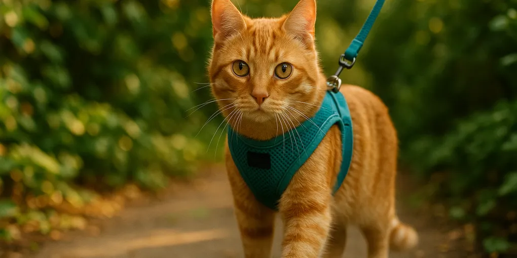Orange tabby cat wearing a teal mesh harness with a leash in a garden setting