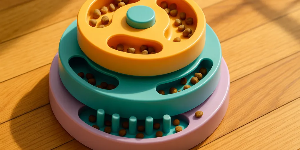 Cat using a puzzle feeder to access kibble, pawing at a colorful multi-level food toy