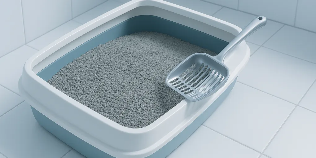 Clean litter box with clumping cat litter on a tiled bathroom floor