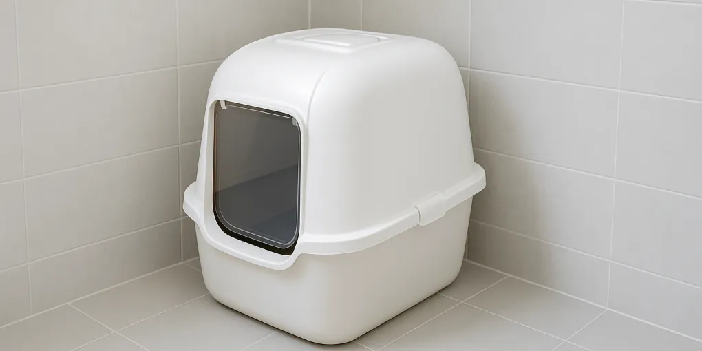 White hooded cat litter box in a clean bathroom corner