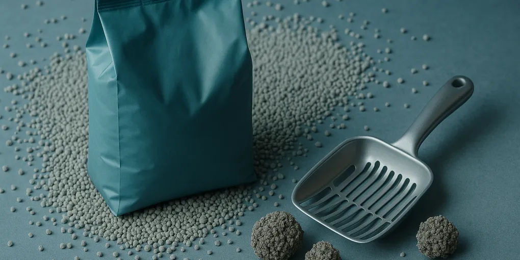 Clean cat litter box with premium clumping litter poured from a bag on a tiled floor