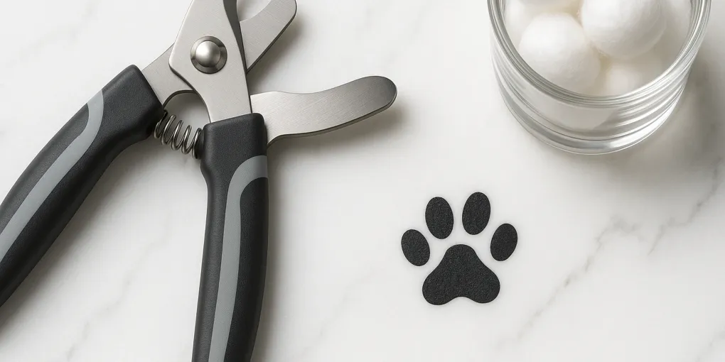 Stainless steel cat nail clippers with safety guard on a clean white surface next to cat paw