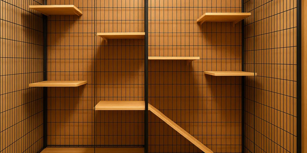 Large multi-tier metal cat playpen with platforms and a kitten inside