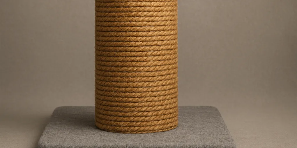 Tall sisal rope cat scratching post on a wide stable base with a cat stretching