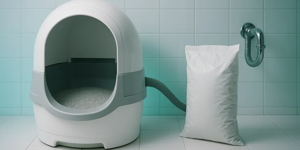 Modern self-washing cat litter box with water connection in a clean bathroom