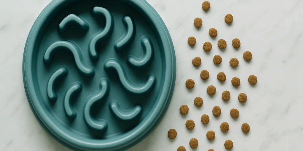 Cat slow feeder bowl with maze ridges and a tabby cat eating from it on a kitchen floor