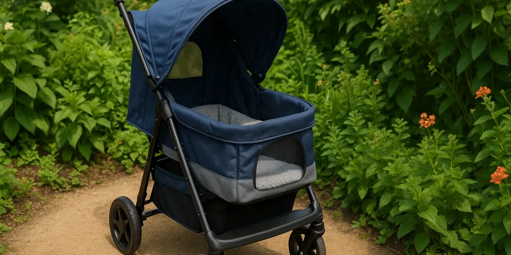 Gray pet stroller with mesh windows on a paved outdoor path surrounded by greenery