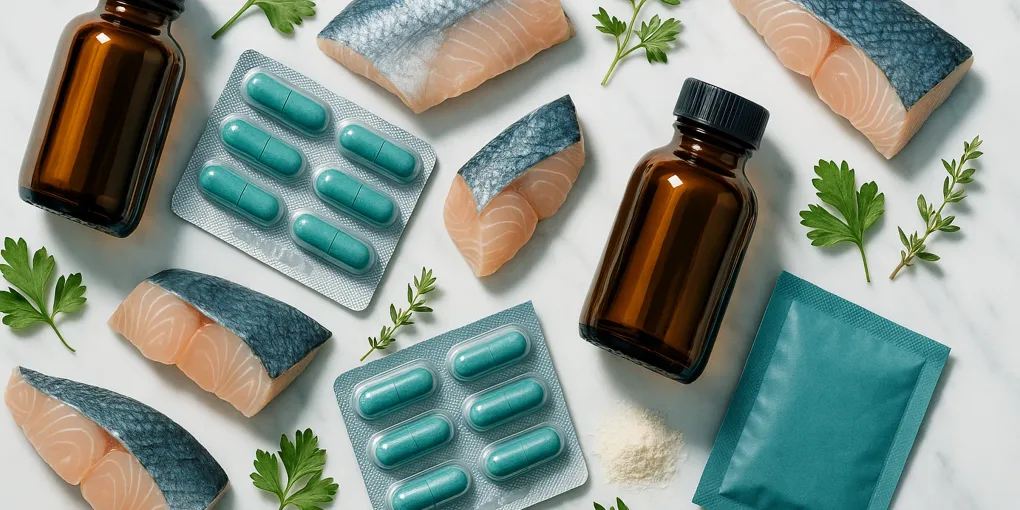 Cat supplement bottles and soft chews on a clean white surface with fresh fish and herbs