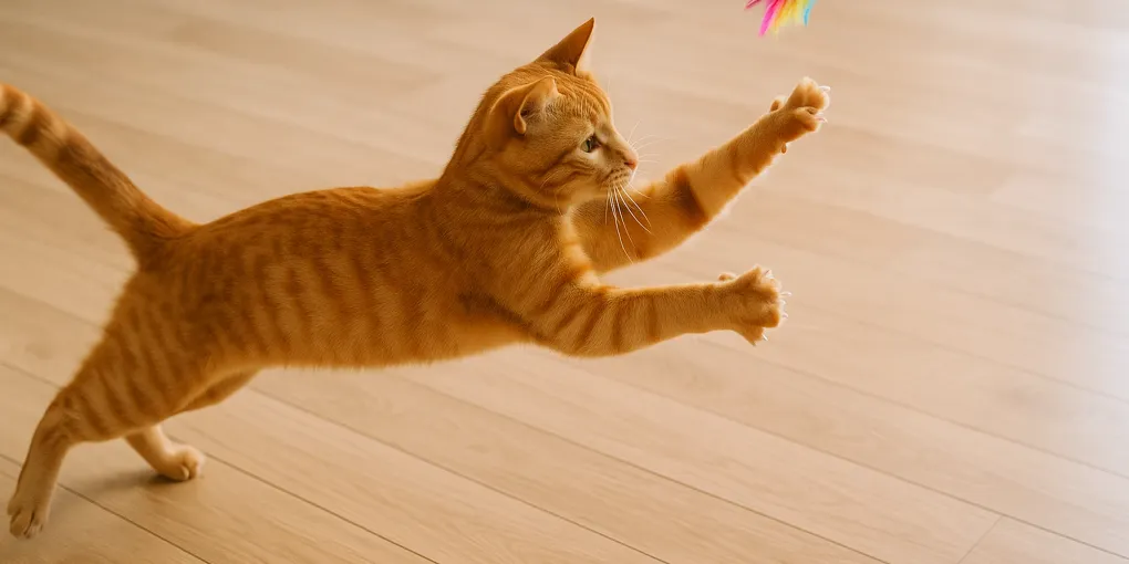 Orange tabby cat leaping to catch a feather wand toy on hardwood floor