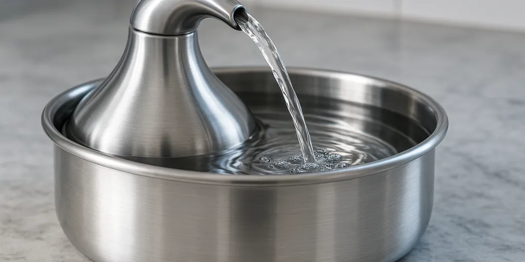 Stainless steel cat water fountain with flowing water stream on a kitchen counter