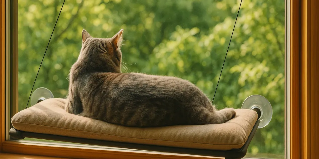 Gray cat lounging on a mounted cat window perch looking out at a garden on a sunny day