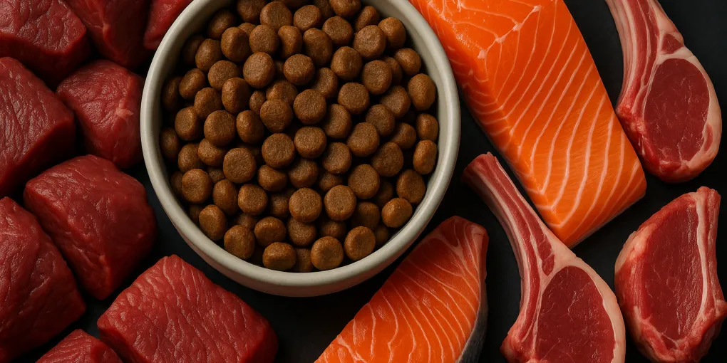 Premium chicken-free dog food with bison, salmon, and lamb ingredients on a clean natural surface