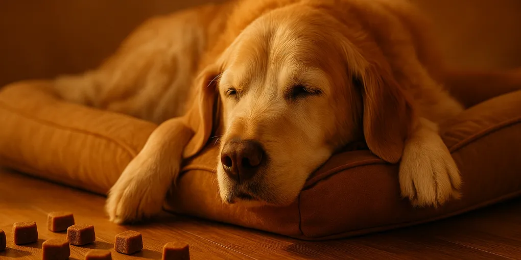 Soft supplement chews beside a senior dog resting peacefully in warm afternoon light