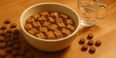 Dehydrated dog food nuggets rehydrating in a bowl of water on a kitchen counter with natural light