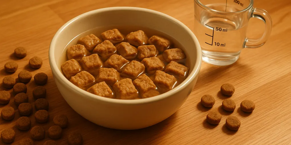 Dehydrated dog food nuggets rehydrating in a bowl of water on a kitchen counter with natural light