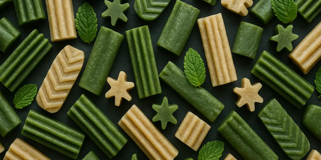 Green textured dental chews for dogs arranged on light surface with mint leaves